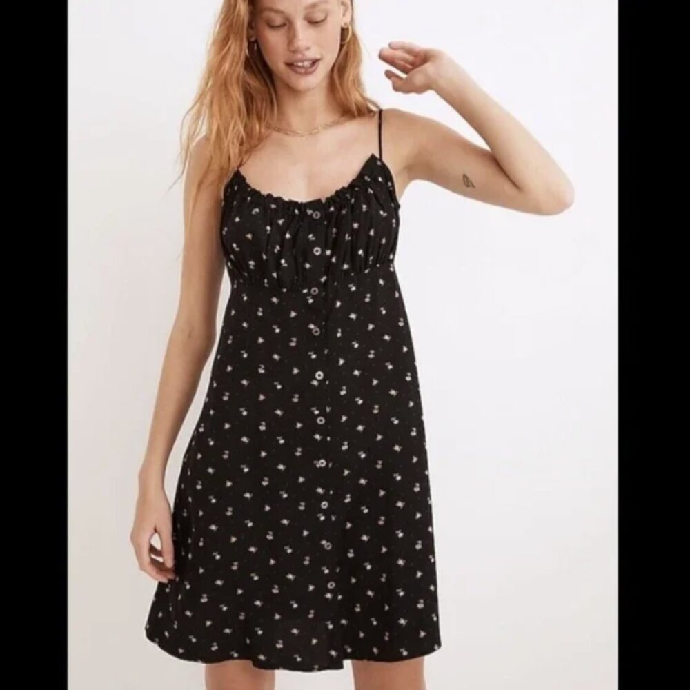 Madewell Tie-Back Button-Front Black Floral Mini Dress